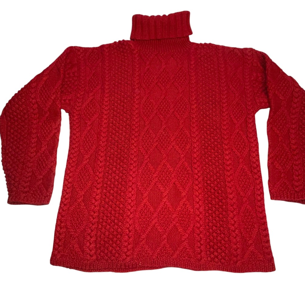 FLAW J Crew Wool Sweater Medium Red Chunky Cable Knit Turtleneck Fisherman Y2K